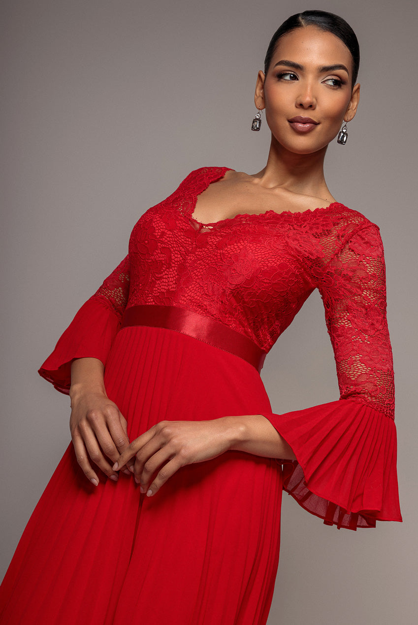 Scalloped Lace Bodice Pleated Chiffon A Line Maxi Dress - Red DR4390