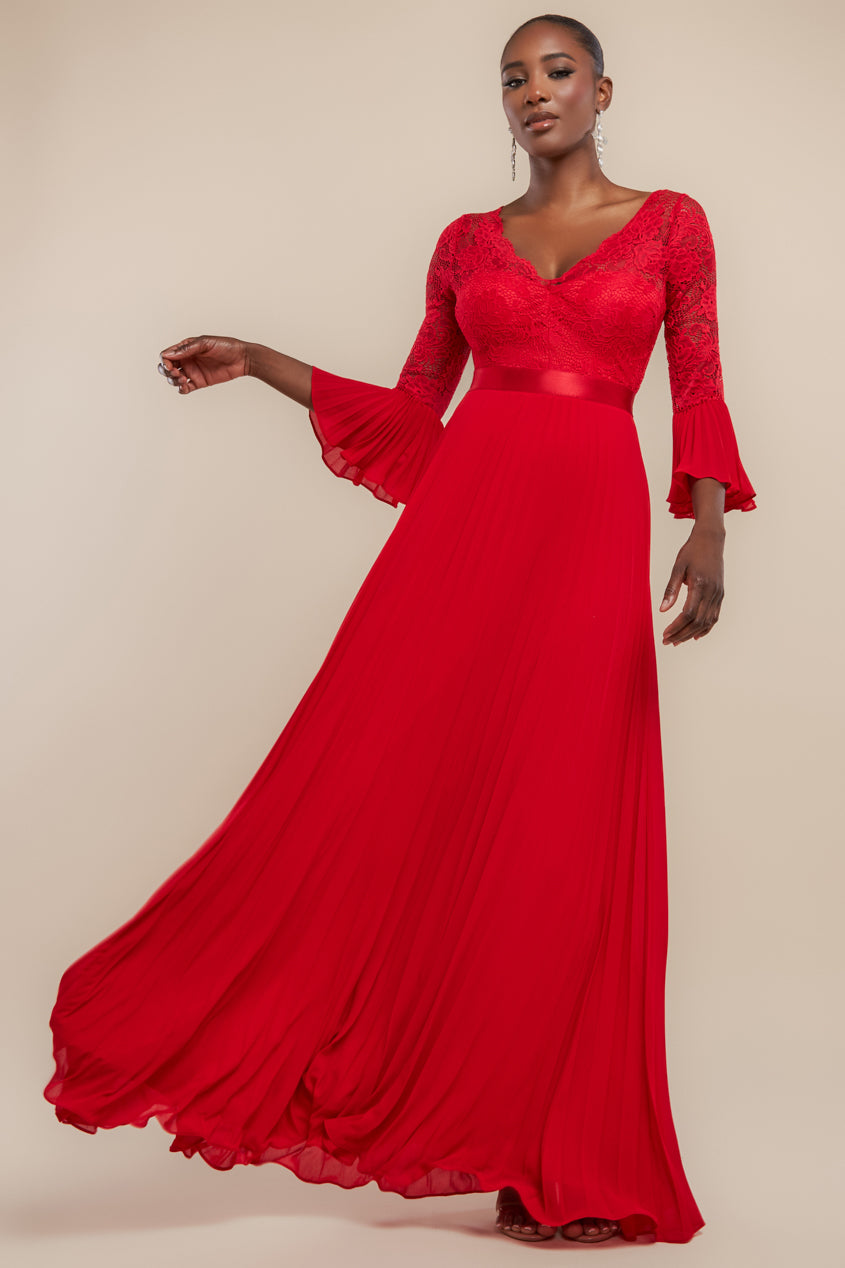 Scalloped Lace Bodice Pleated Chiffon A Line Maxi Dress - Red DR4390