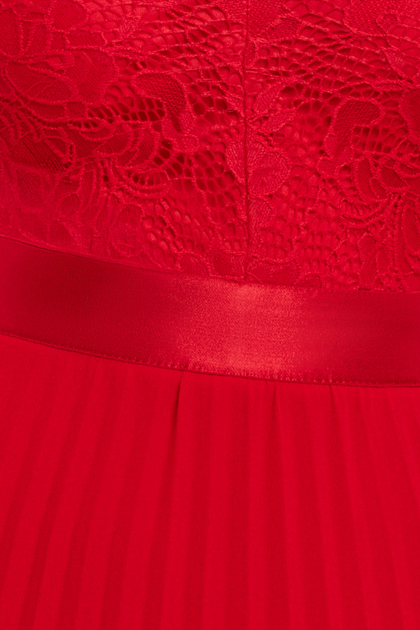 Scalloped Lace Bodice Pleated Chiffon A Line Maxi Dress - Red DR4390