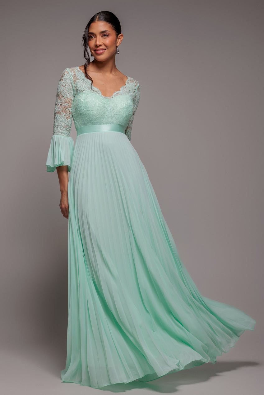 Scalloped Lace Bodice Pleated Chiffon A Line Maxi Dress - Mint Green DR4390