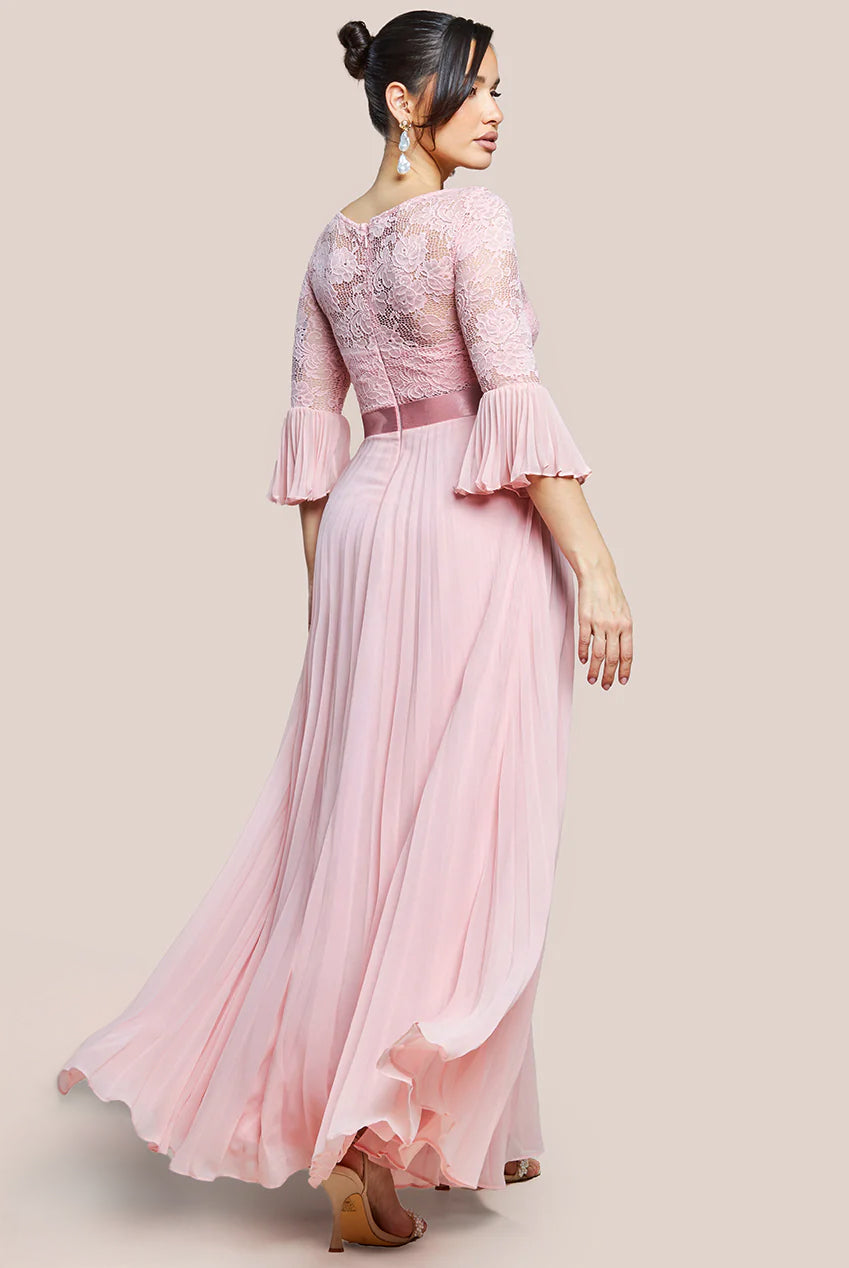 Scalloped Lace Bodice Pleated Chiffon A Line Maxi Dress - Blush Pink DR4390