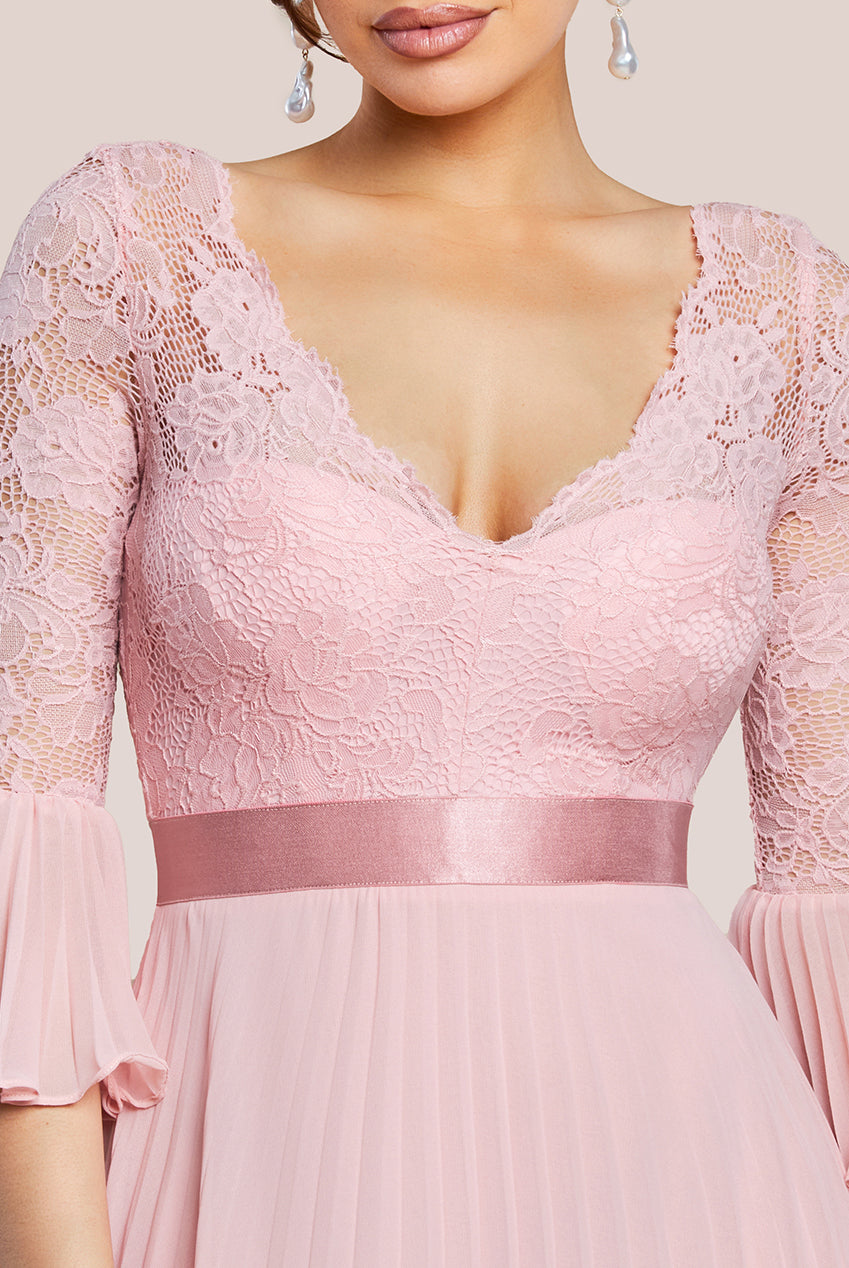 Scalloped Lace Bodice Pleated Chiffon A Line Maxi Dress - Blush Pink DR4390
