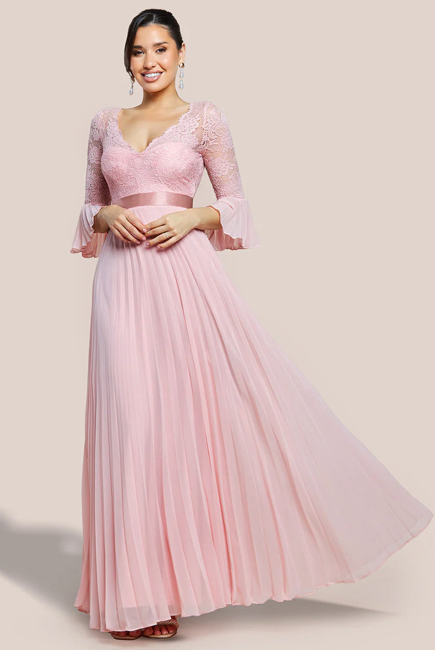 Scalloped Lace Bodice Pleated Chiffon A Line Maxi Dress - Blush Pink DR4390
