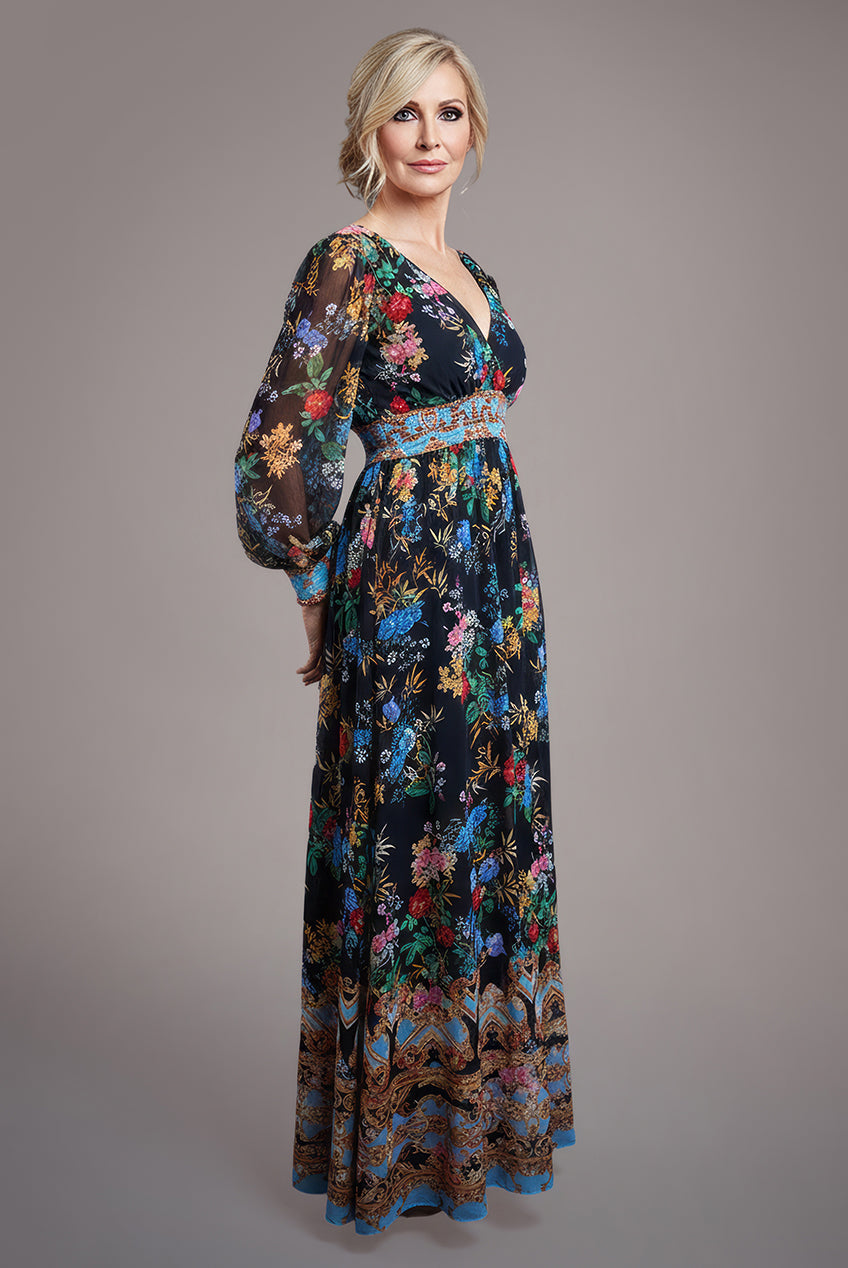 Chiffon Wrap Border Floral Print Maxi Dress - Black DR4394M