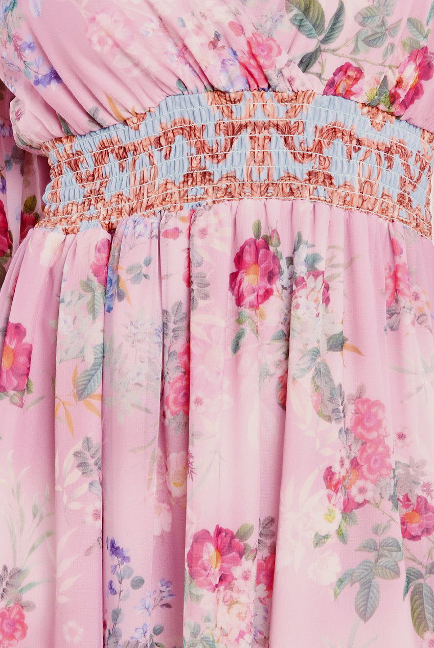 Chiffon Wrap Border Floral Print Maxi Dress - Pink DR4394M