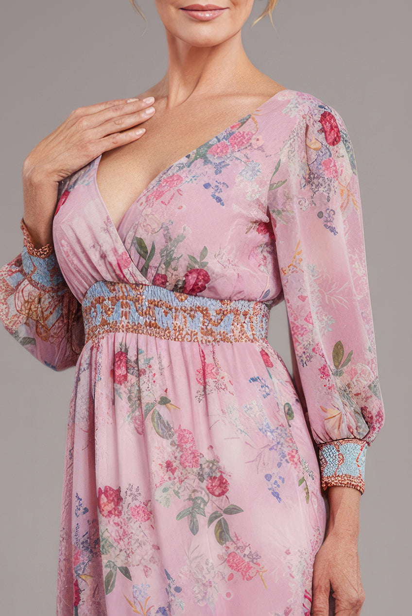 Chiffon Wrap Border Floral Print Maxi Dress - Pink DR4394M