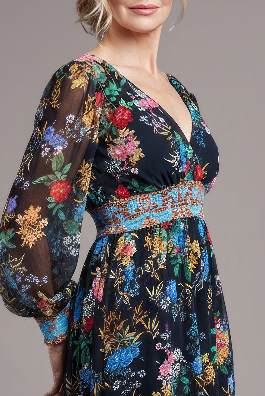 Chiffon Wrap Border Floral Print Maxi Dress - Black DR4394M