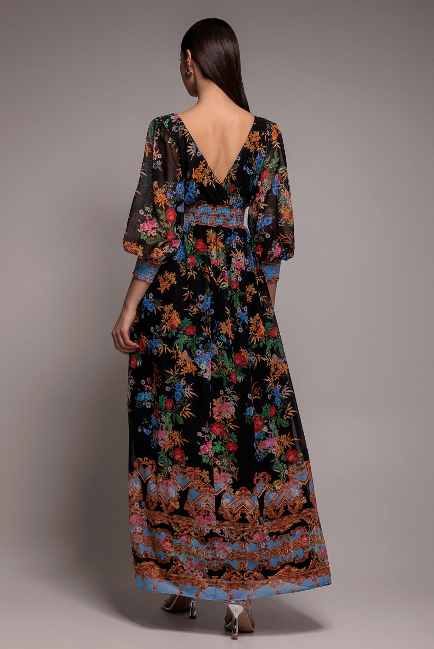 Chiffon Wrap Border Floral Print Maxi Dress - Black DR4394