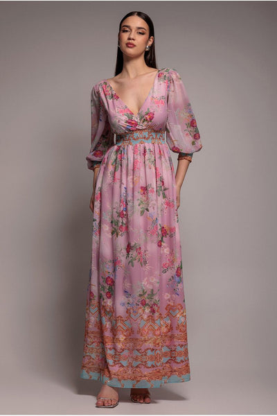 Chiffon Wrap Border Floral Print Maxi Dress - Pink by Goddiva