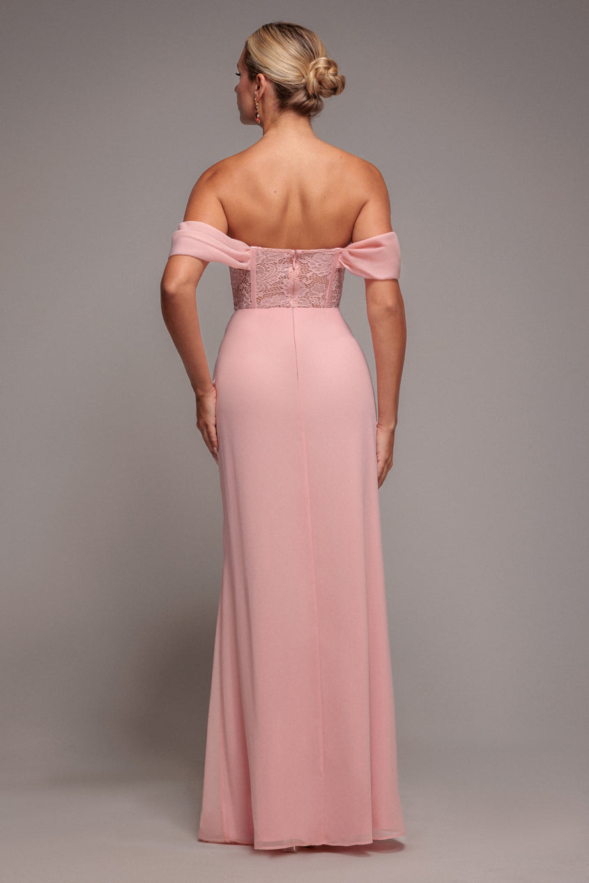 Scalloped Lace & Chiffon Winged Corset Bodice Maxi Dress - Blush Pink DR4397