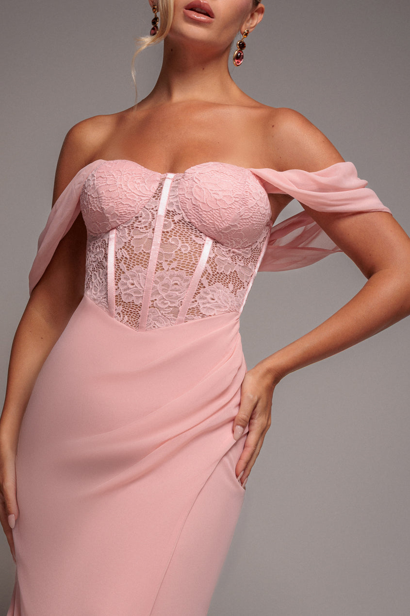 Scalloped Lace & Chiffon Winged Corset Bodice Maxi Dress - Blush Pink | Goddiva Scalloped Lace & Chiffon Winged Corset Bodice Maxi Dress - Blush Pink | Goddiva