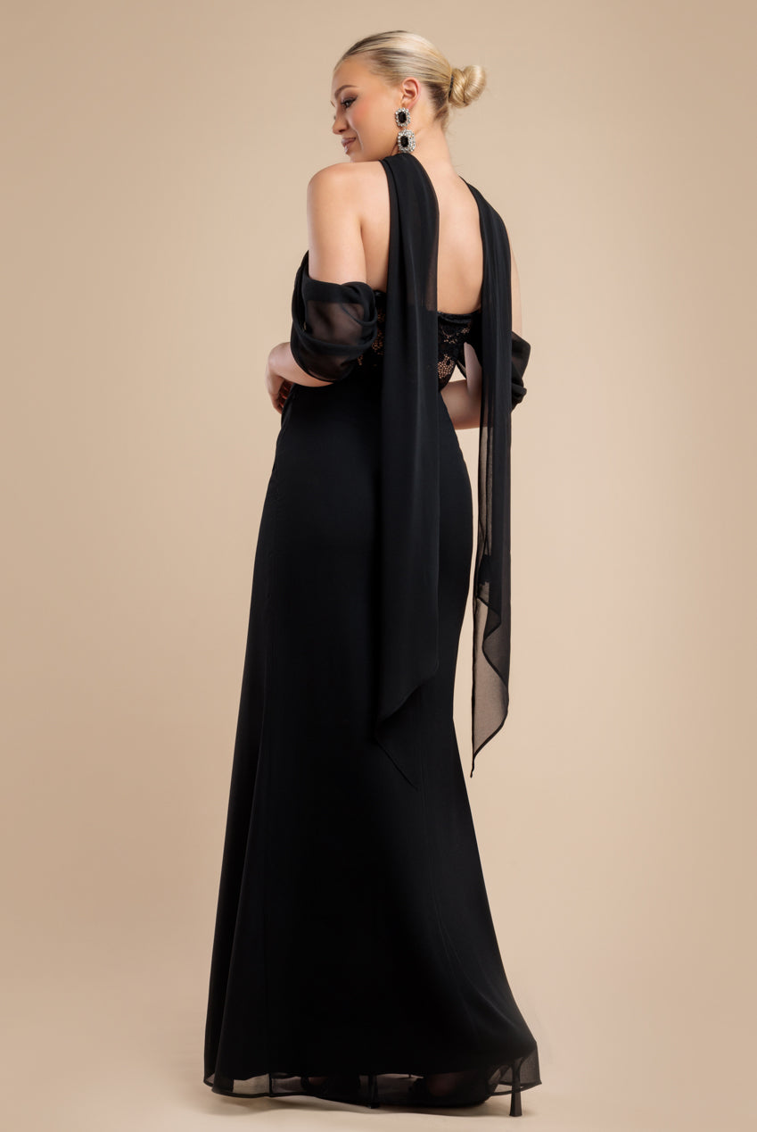 Scalloped Lace & Chiffon Winged Corset Bodice Maxi Dress - Black DR4397