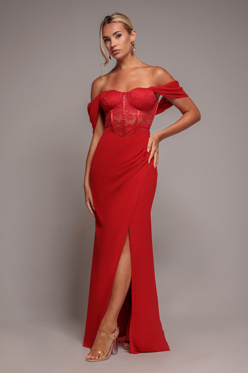 Scalloped Lace & Chiffon Winged Corset Bodice Maxi Dress - Red DR4397
