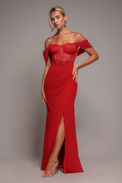 Scalloped Lace & Chiffon Winged Corset Bodice Maxi Dress - Red | Goddiva Scalloped Lace & Chiffon Winged Corset Bodice Maxi Dress - Red | Goddiva