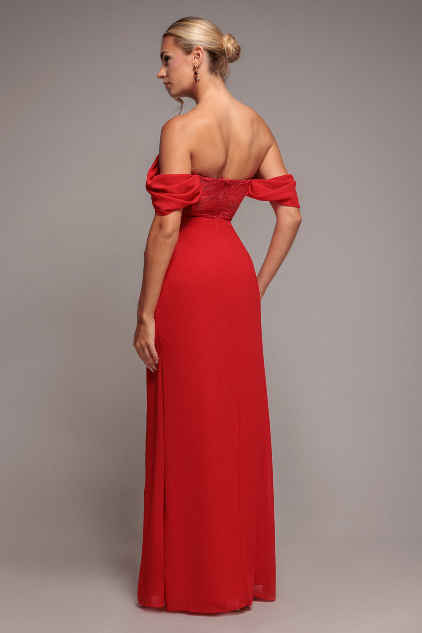 Scalloped Lace & Chiffon Winged Corset Bodice Maxi Dress - Red DR4397