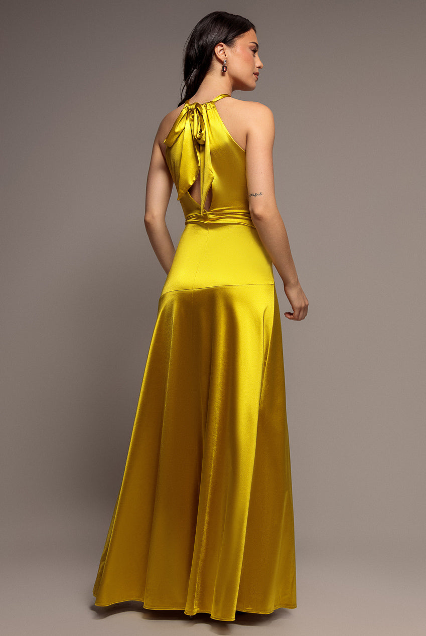 Halter Neck Front Split Satin Maxi Dress - Lime Green DR4398