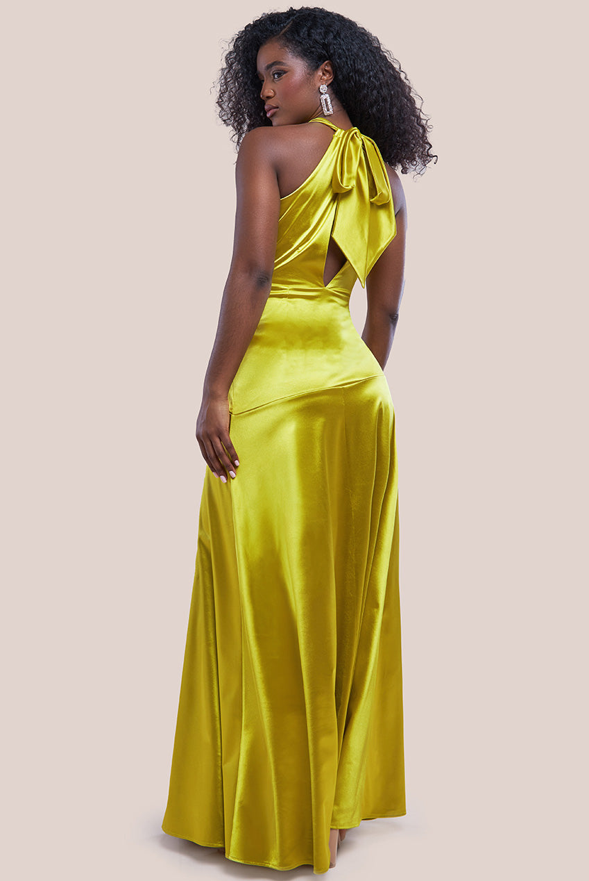 Halter Neck Front Split Satin Maxi Dress - Lime DR4398