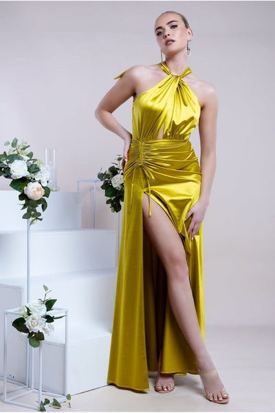 Halter Neck Front Split Satin Maxi Dress - Lime Green | Goddiva