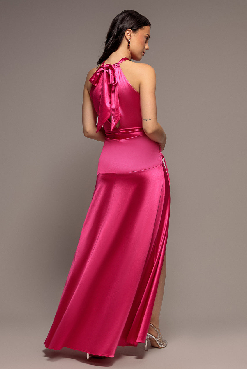 Halter Neck Front Split Satin Maxi Dress - Magenta DR4398
