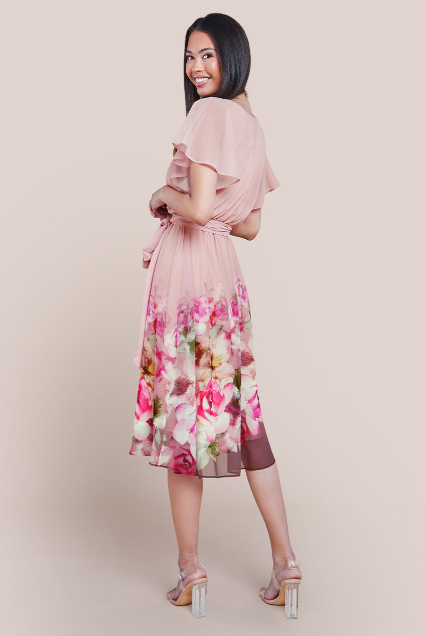 Chiffon Floral Border Print Midi Dress - Blush DR4402