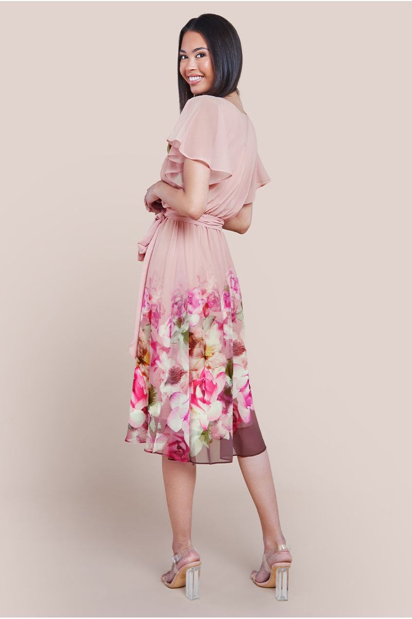 Chiffon Floral Border Print Midi Dress - Blush DR4402