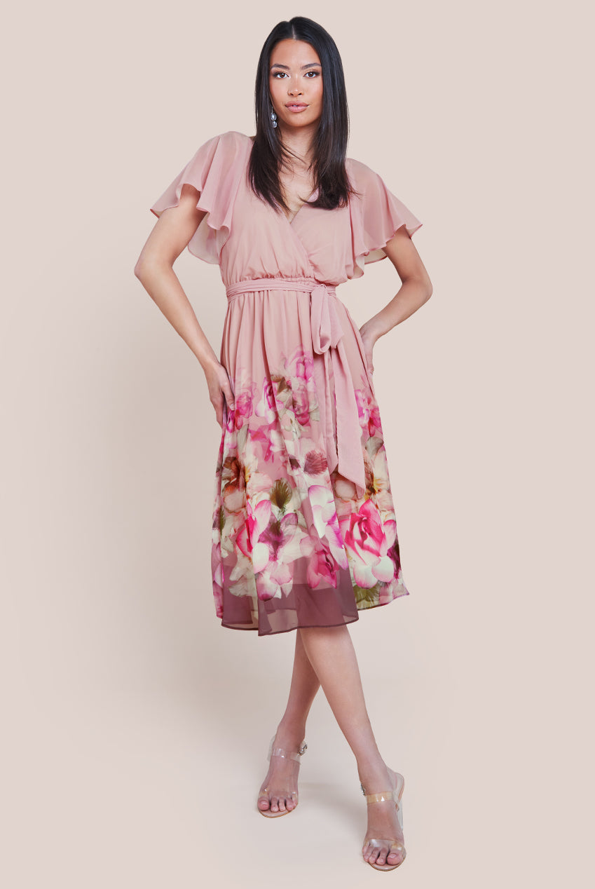 Chiffon Floral Border Print Midi Dress - Blush DR4402