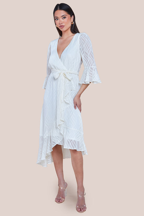 Chiffon Geo-Wave Front Frill Wrap Midi Dress - Cream DR4411