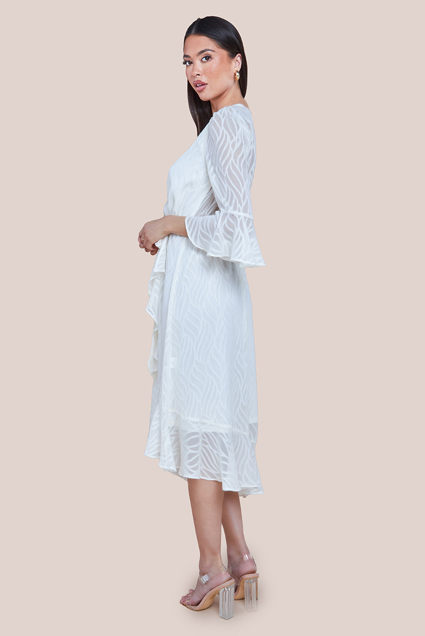 Chiffon Geo-Wave Front Frill Wrap Midi Dress - Cream DR4411