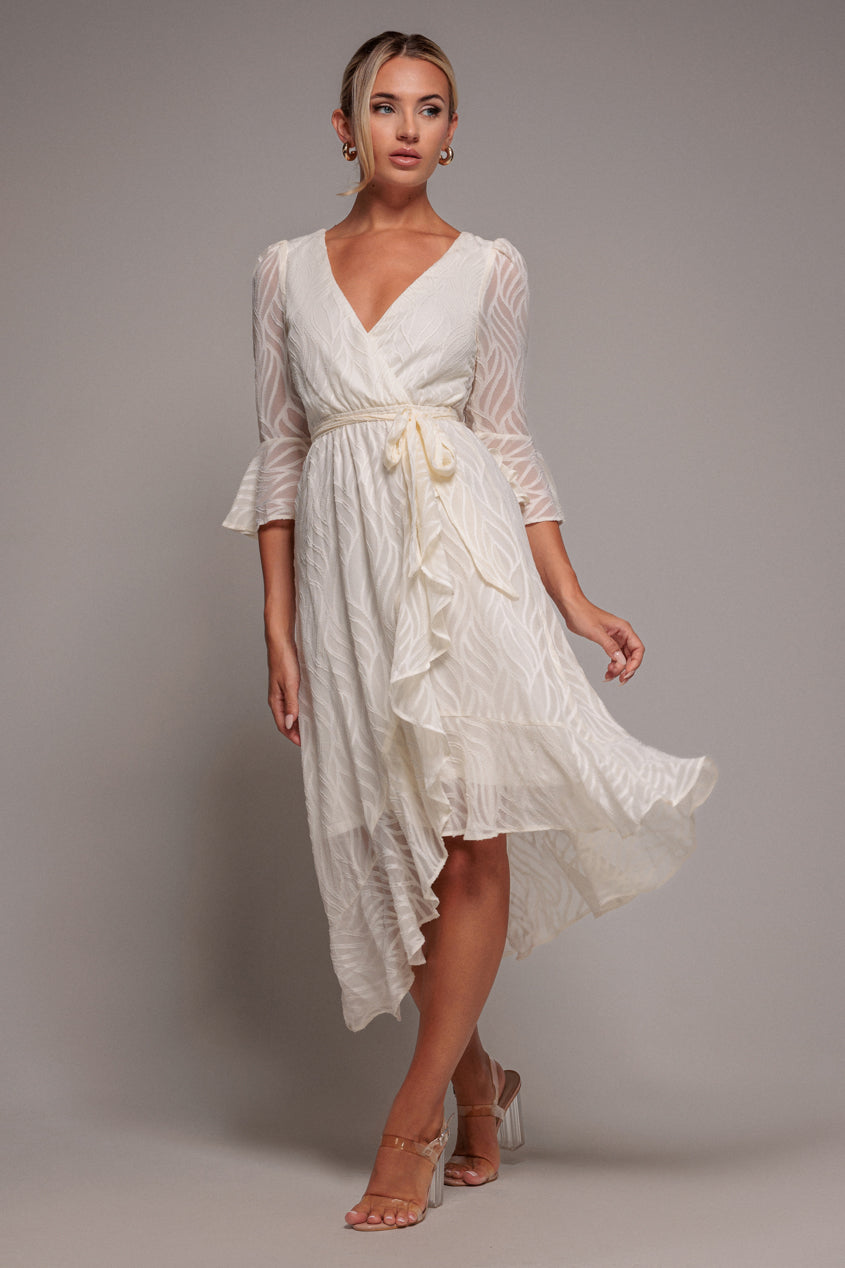 Chiffon Geo-Wave Front Frill Wrap Midi Dress - Cream DR4411