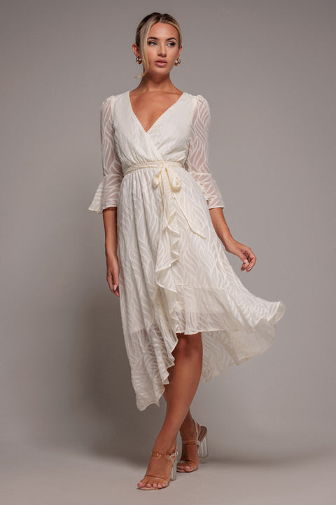 Chiffon Geo-Wave Front Frill Wrap Midi Dress - Cream by Goddiva