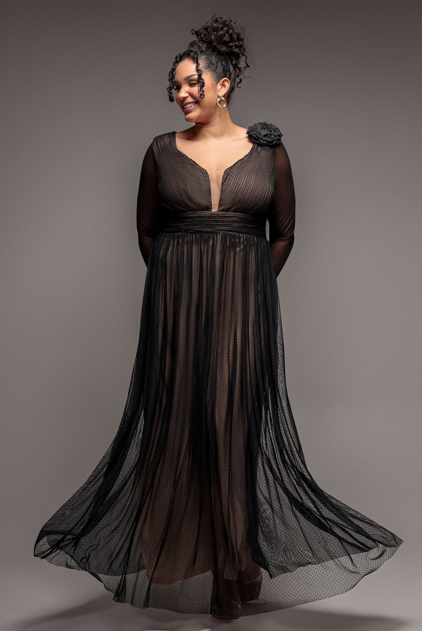 Corsage Dobby Mesh A-Line Maxi Dress - Black | Goddiva