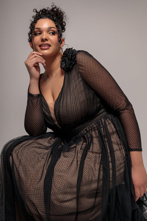 Corsage Dobby Mesh A-Line Maxi Dress - Black by Goddiva Plus