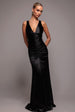 Multi-Tied Satin Gathered Ring Maxi Dress - Black by Goddiva