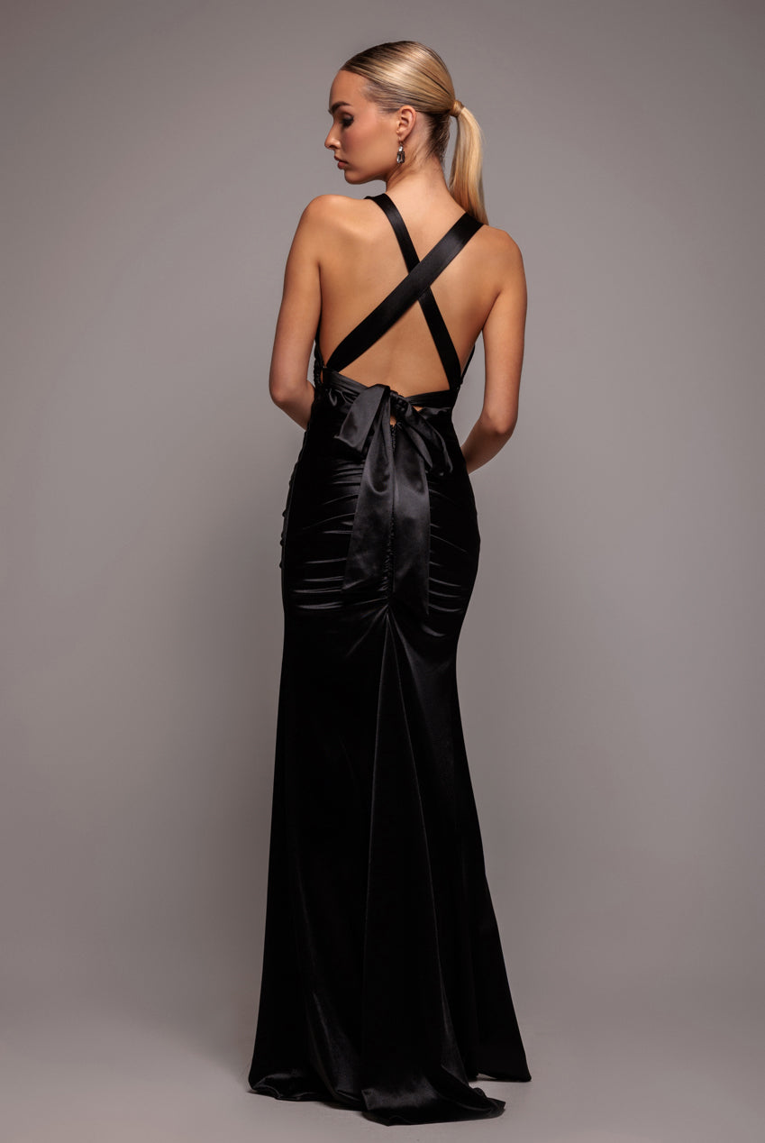 Multi-Tied Satin Gathered Ring Maxi Dress - Black DR4417