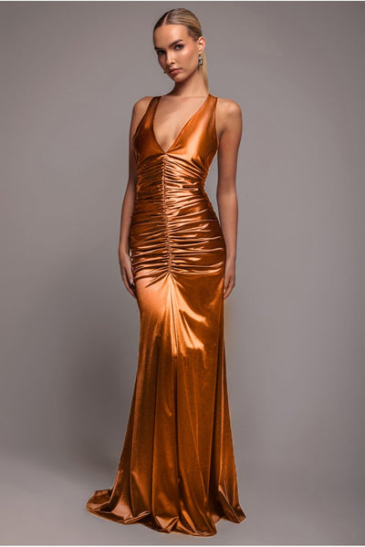 Multi-Tied Satin Gathered Ring Maxi Dress - Bronze