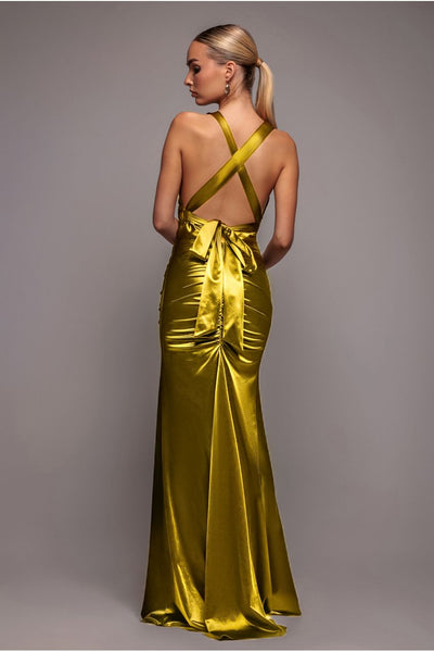 Lime - Multi-Tied Satin Gathered Ring Maxi Dress - Lime Green by Goddiva