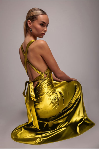 Multi-Tied Satin Gathered Ring Maxi Dress - Lime Green by Goddiva