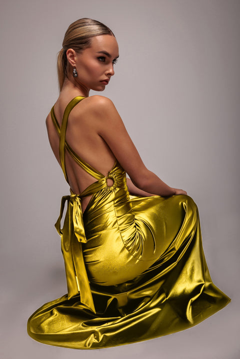 Multi-Tied Satin Gathered Ring Maxi Dress - Lime Green by Goddiva