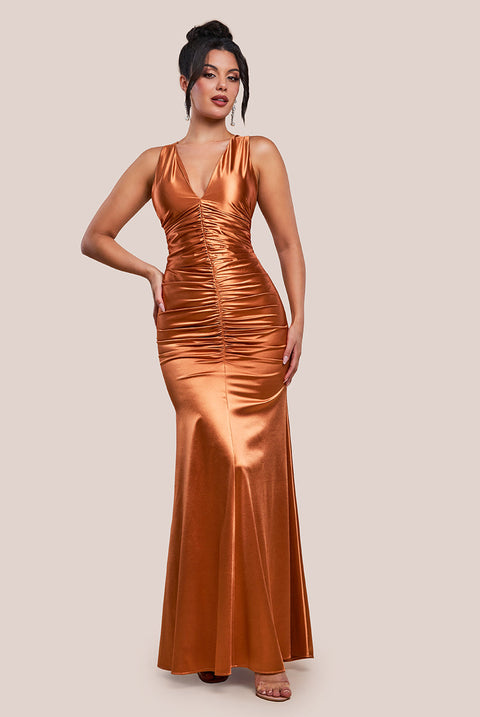 Multi-Tied Satin Gathered Ring Maxi Dress - Bronze by Goddiva