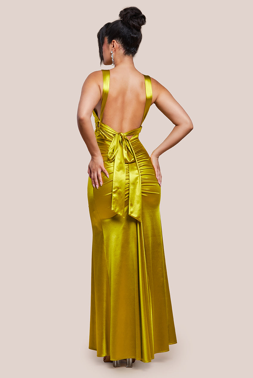 Multi-Tied Satin Gathered Ring Maxi Dress - Lime DR4417