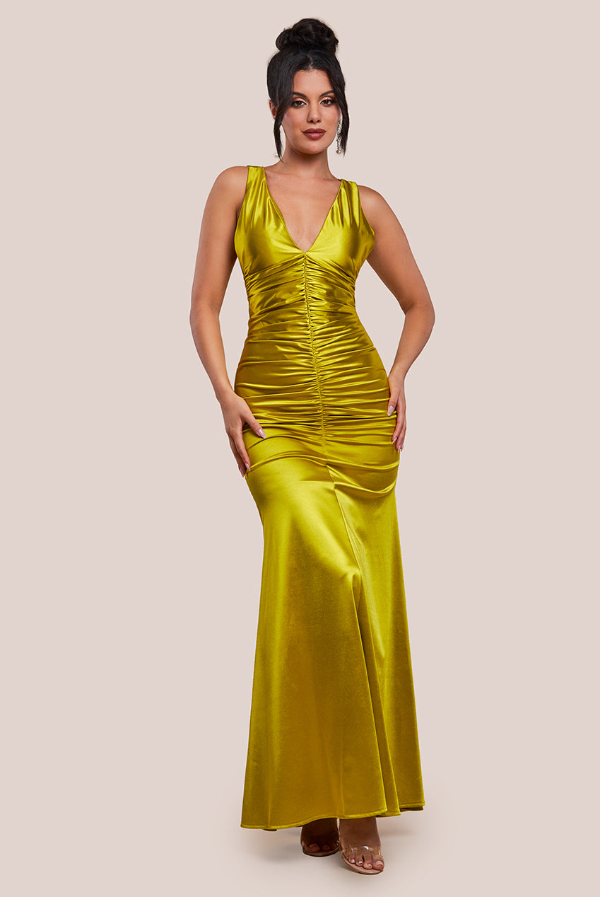 Multi-Tied Satin Gathered Ring Maxi Dress - Lime DR4417