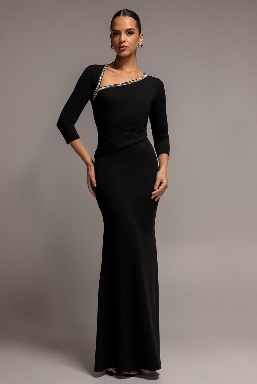 Asymmetric Neck Diamante Embellished Maxi Dress - Black DR4421