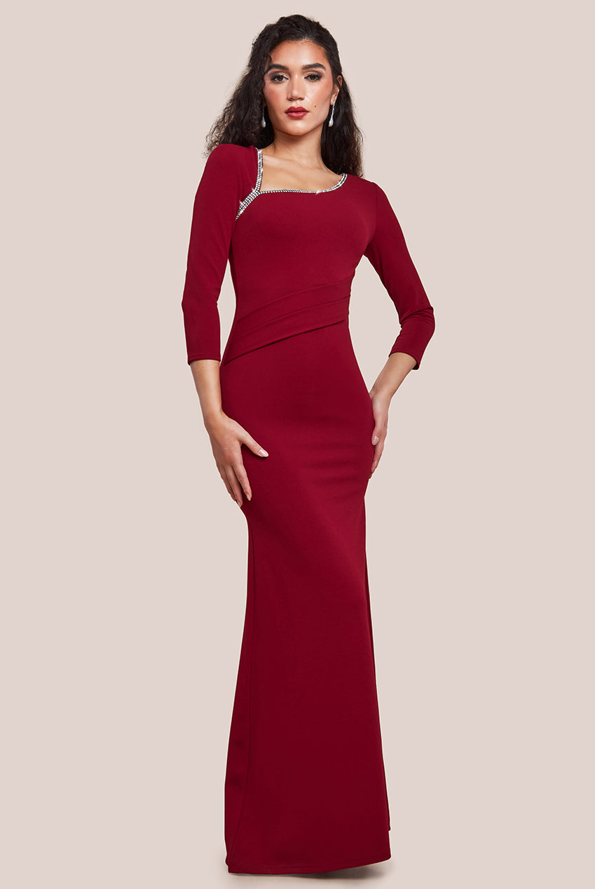 Asymmetric Neck Diamante Embellished Maxi Dress - Wine DR4421