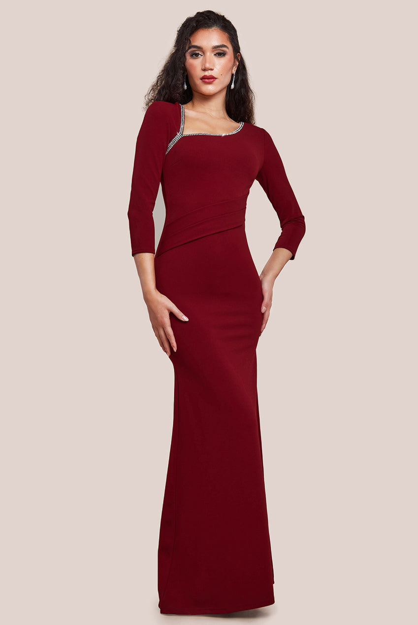 Asymmetric Neck Diamante Embellished Maxi Dress - Wine DR4421