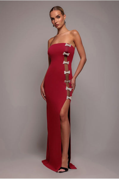 Wine - Bow Embellished Strapless Mermaid Maxi Dress - Wine by Goddiva