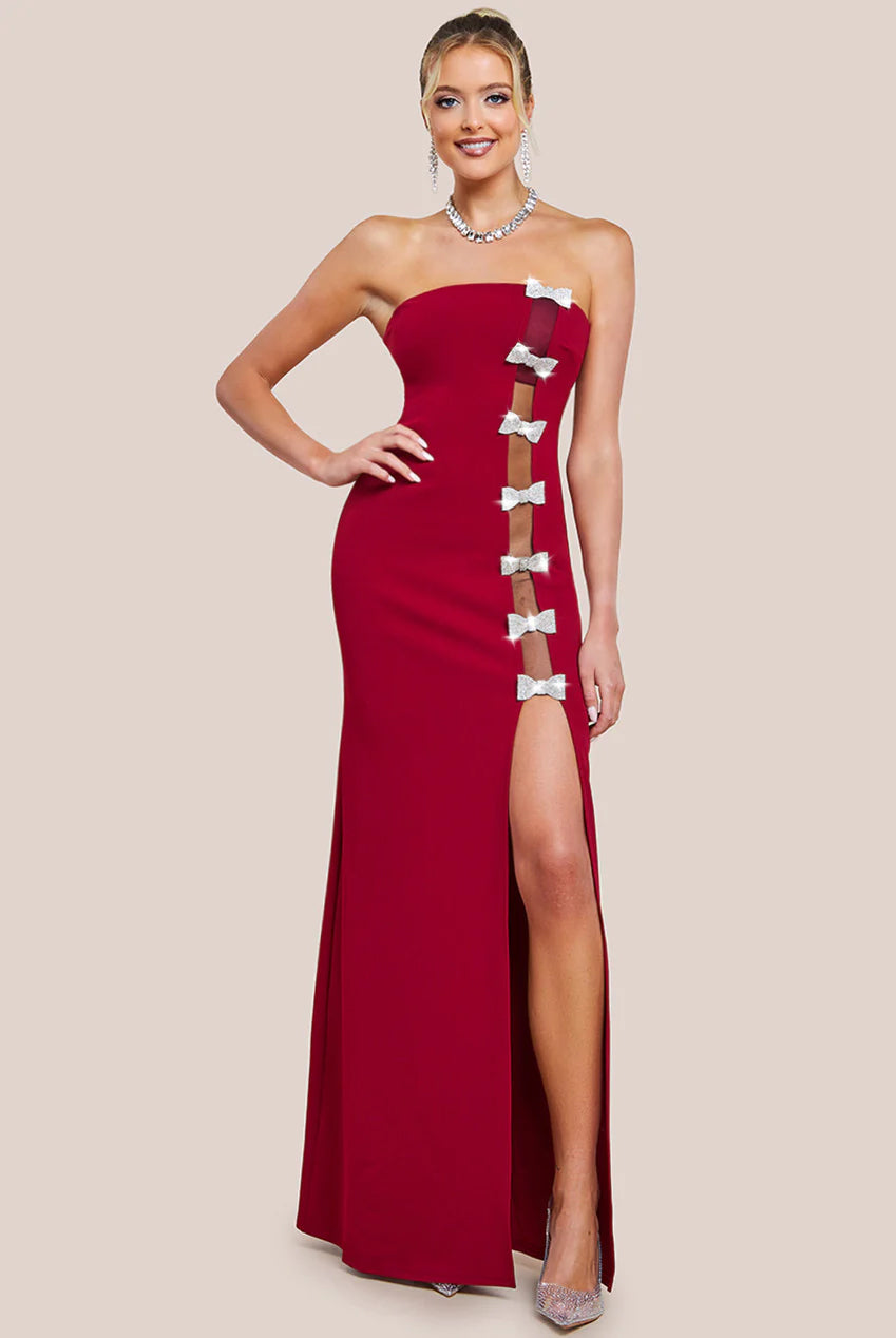 Bow Embellished Strapless Mermaid Maxi Dress - Wine DR4422