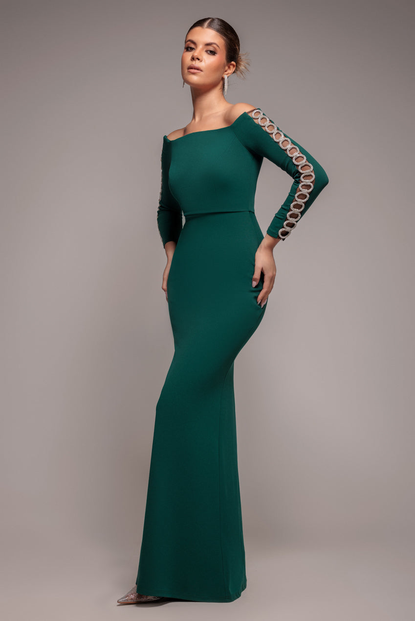 Embellished Diamante Sleeve Bardot Maxi Dress - Emerald Green DR4424