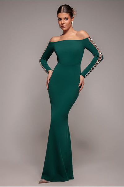 Emerald - Embellished Diamante Sleeve Bardot Maxi Dress - Emerald Green by Goddiva