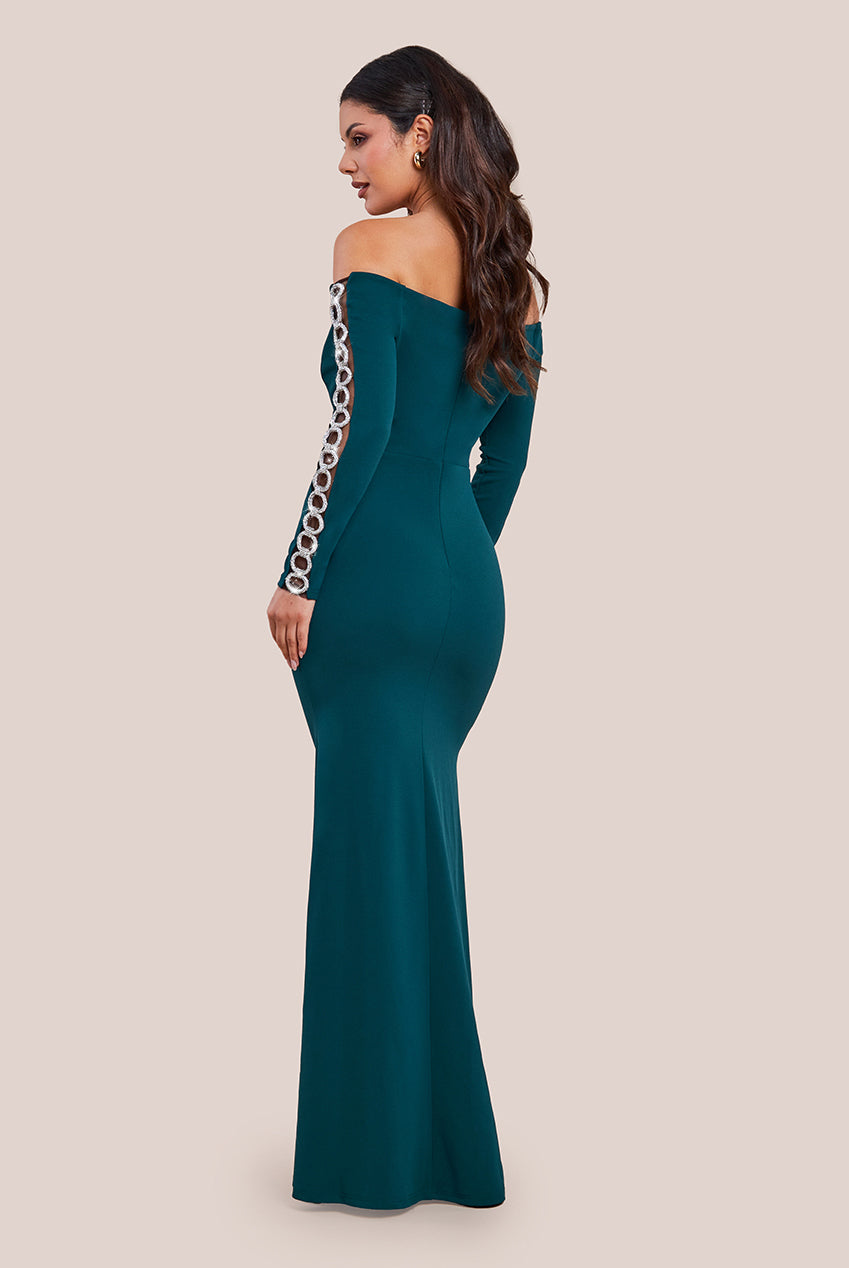 Embellished Diamante Sleeve Bardot Maxi Dress - Emerald Green DR4424