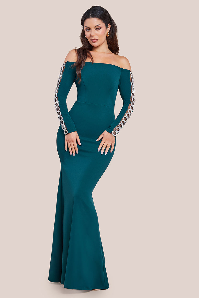 Embellished Diamante Sleeve Bardot Maxi Dress - Emerald Green DR4424